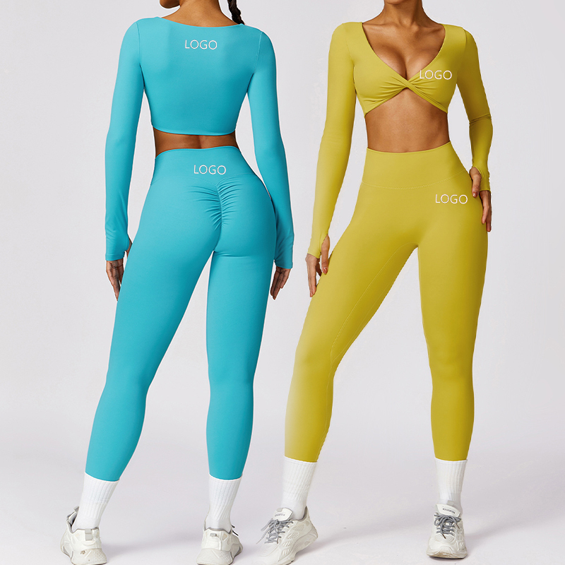 Wholesale Long Sleeves Twisted Front Design Low Cut Deep V Neckline High Waist Gym Fitness Yoga Sets for Woman