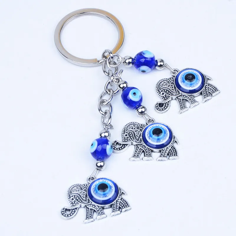 RisingMoon Blue Evil Eye Charms Keychain Lucky Eyes Elephant Key Ring Tassel Car Key Chain