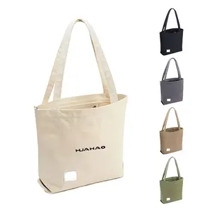 huahao custom print pocket and zipper cotton large shopping white canvas tote bag