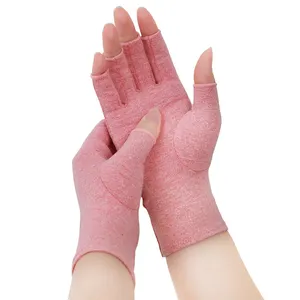 pink cotton spandex half finger treatment copper compression arthritis gloves