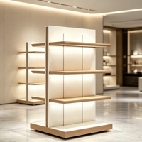Isla de Exhibición Moderna de Madera con Panel Trasero Translúcido Iluminado y Estantes Flotantes para Galería de Lujo