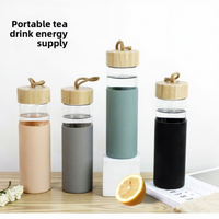 D5743 Gobelet portable d'extérieur à simple paroi avec manchon en silicone, poignée isolante et couvercle en bambou – Bouteille d'eau en verre