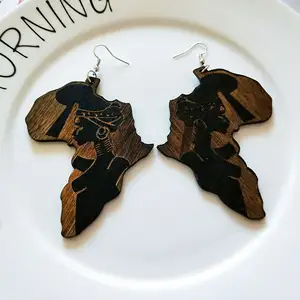 Anting-Anting Kayu Tropis Berukiran Suku, Aksesori Hiphop Kayu Cokelat Afrika Peta Afrika untuk Wanita