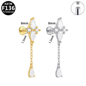 Boucle d'oreille longue G23 à filetage interne pour cartilage, <span class=keywords><strong>piercing</strong></span> hélix, bijoux de corps en alliage de titane, zircon, chaîne à pampilles, plaqué titane - Product Image 6