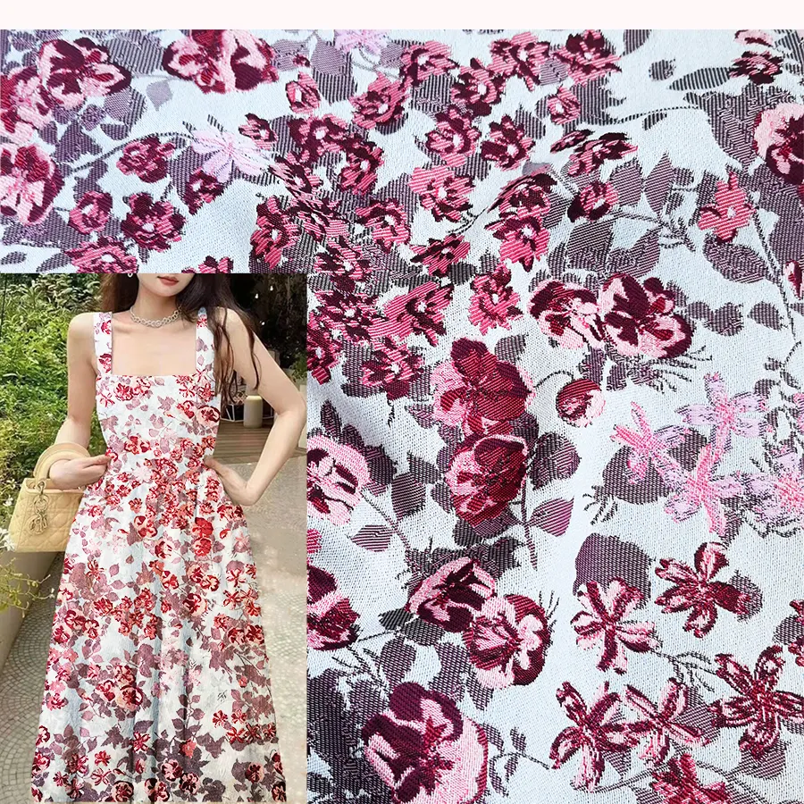 NAIS neuesten Poly kleinen leuchtend weißen roten abstrakten Blumen brokat Jacquard Stoffe für Kleidung Kleid