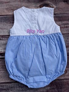 Ensemble de shorts en vichy bleu pour <span class=keywords><strong>petit</strong></span> garçon d'été, t-shirt blanc pour garçon, tenue deux pièces assortie, bébé garçon monogramme bulle - Product Image 3