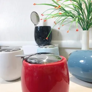 Set Wadah Gula Kopi Keramik Warna Merah, Pot Permen Mangkuk Gula Porselen dengan Tutup 2022