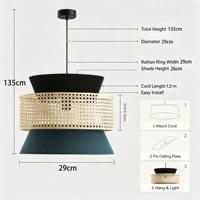 Luminaire suspendu moderne en tissu de rotin, abat-jour en tissu noir avec ceinture en rotin tressé, lampe suspendue pour salle à manger, salon