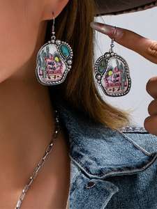 Ensemble de bijoux Bohème Vintage Cactus Turquoise Western Cowboy Cowgirl Rodeo Collier Boucles d'oreilles Cadeaux pour femmes - Product Image 3