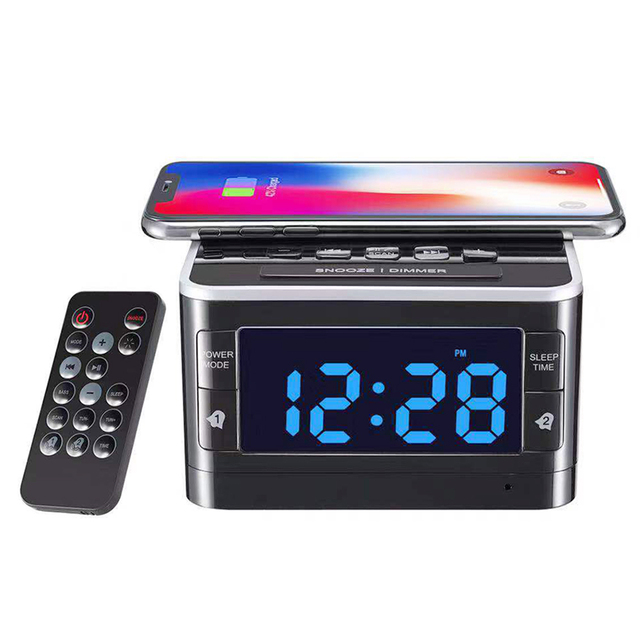 T8-QI 10W Wireless Charging Alarm Clock Blue-tooth Speaker, Multifunction FM Radio USB Charging Desk Clock with Remote Control