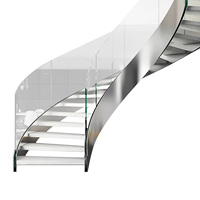 Escaliers intérieurs incurvés modernes et luxueux sur mesure pour villas avec garde-corps en acier inoxydable et bois, verre, éclairage LED, forme en spirale