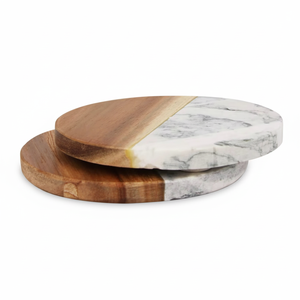 Acacia Wood with White Marble Accent Lazy Susan Serving Tray Spice and Mat and Pads For <b>Table</b> Decoration - Product Image 1