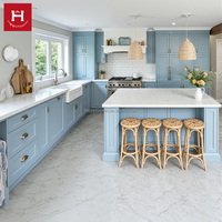 HAPPY HOUSES Armoires de cuisine de luxe style Shaker en bois massif bleu clair, îlot personnalisé pour projet de maison, appartement ou villa en zone côtière