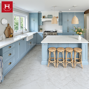 HAPPY HOUSES Luxury Shaker Style Light Blue Solid Wood Kitchen Cabinets Island Custom for <strong>Coastal</strong> Home Apartment Villa Project - Product Image 1