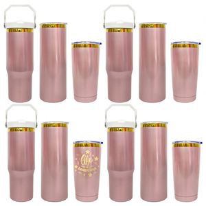 Sublimation Shiny Rosy 20Oz 30Oz Flip Straw Water Bottles With <b>Mirror</b> Gold Plated Underneath for Laser Engraving - Product Image 1