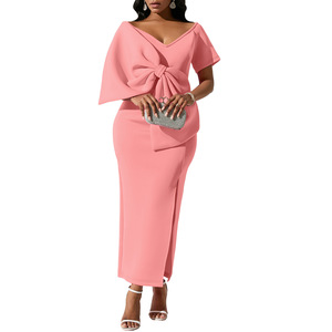 Elegante vestido Maxi rosa para mujeres de talla grande lazo en <span class=keywords><strong>V</strong></span> profundo cintura alta volantes encaje hasta el suelo tela de gasa manga larga - Product Image 4