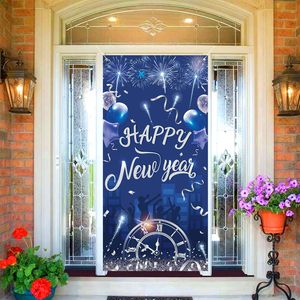 Feliz <span class=keywords><strong>Año</strong></span> <span class=keywords><strong>Nuevo</strong></span>, Cubierta para Puerta con Globos Azules, Banner para Puerta con Reloj <span class=keywords><strong>de</strong></span> <span class=keywords><strong>Cuenta</strong></span> <span class=keywords><strong>Regresiva</strong></span> para Nochevieja, Banners Colgantes Festivos Personalizables - Product Image 1