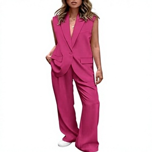 Women's Sleeveless <b>Blazer</b> <b>Set</b> Loose Fit Wide Leg Pants Two Piece Suit Solid Color Casual Spring Summer Pink Woven Fabric - Product Image 1