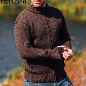 Cardigan zippé en laine britannique tricotée respirante pour homme, col montant, poche poitrine, marron foncé, style streetwear, vente en gros - Product Image 1