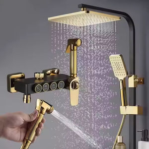 Système <span class=keywords><strong>de</strong></span> <span class=keywords><strong>douche</strong></span> <span class=keywords><strong>de</strong></span> pluie murale moderne noir et or robinets thermostatiques à main et coulissants en laiton avec noyau <span class=keywords><strong>de</strong></span> valve en céramique - Product Image 1