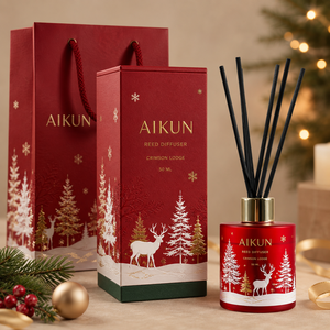 Aikun Red Bottle Winter Forest Glass <b>Reed</b> <b>Diffuser</b> Gift Set with <b>Black</b> Fiber Sticks And Printed Tube for Christmas Decor - Product Image 1