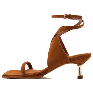 XINZI RAIN Sandalias de verano para mujer Sandalias de tacón medio de 7cm con correa cruzada de cuero de ante marrón y punta cuadrada de ajuste <span class=keywords><strong>ancho</strong></span> para mujer - Product Image 1