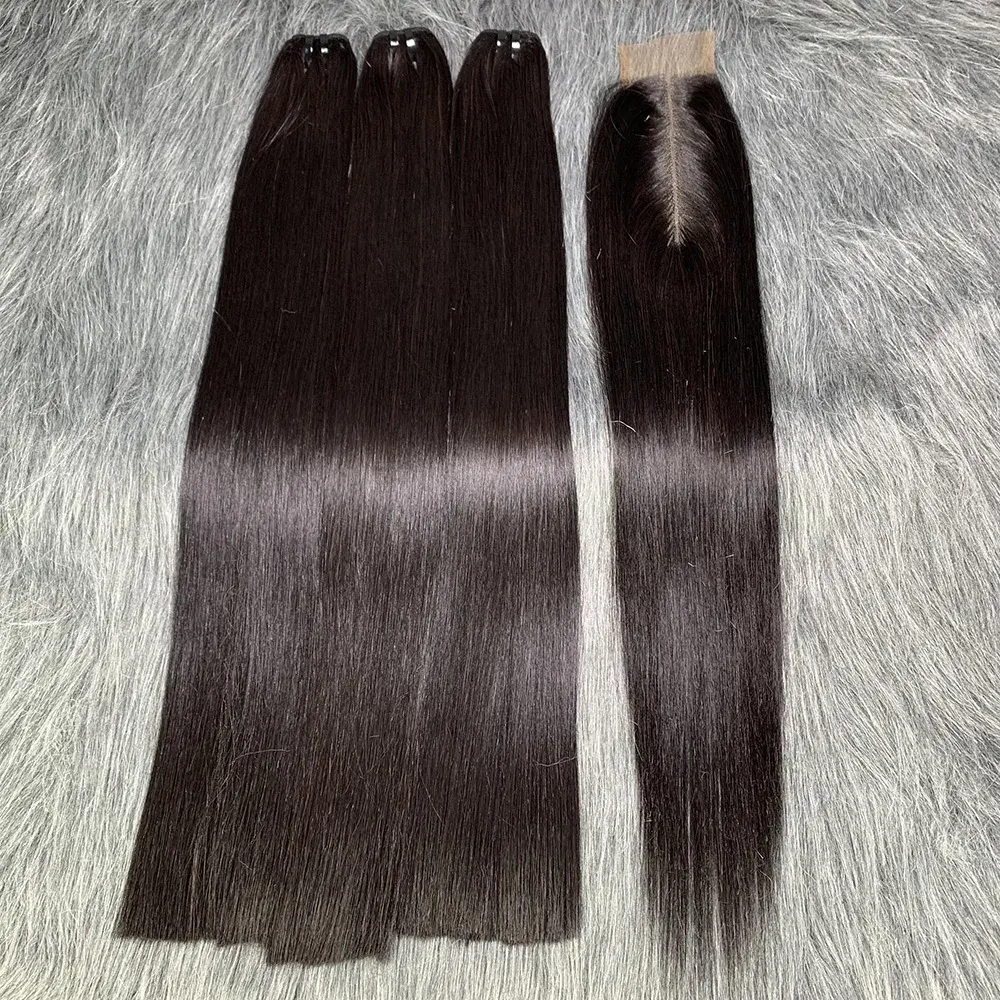 Pacote de cabelo cru premium 15A 100% não processado, cabelo humano virgem vietnamita liso osso DD 3 pacotes com fecho Kim K 2*6