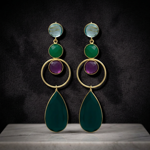 Boucles d'oreilles pendantes artisanales en argent avec pierre précieuse en quartz, plaquées or, style ethnique bohème, pour fiançailles et soirées - Product Image 3