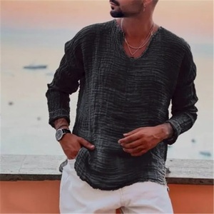 Camicia Estiva da Uomo in <span class=keywords><strong>Cotone</strong></span> e Canapa, Traspirante, Casual, con Scollo a V, Effetto Lavato e Strappato, Maniche Lunghe - Product Image 5
