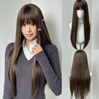 Perruque synthétique longue et droite avec frange, en fibre haute température, noir naturel, pour femmes, usage quotidien, plusieurs couleurs disponibles