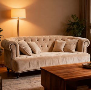Canapé Chesterfield en velours de luxe moderne Canapé <span class=keywords><strong>convertible</strong></span> trois places <span class=keywords><strong>beige</strong></span> avec boutons et rivets - Product Image 4