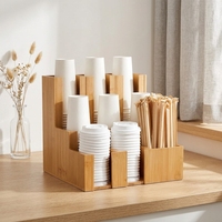 Distributeur de couvercles de tasses à café en bambou, organisateur de condiments à 9 compartiments, pour la maison/le bar, utilisation pour les boissons, 13''L x 13''W