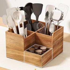 Wooden Cutlery <b>Storage</b> <b>Box</b> Four Compartment Knife Fork Spoon Organizer Standing Type Solid Wood <b>Kitchen</b> Utensil Holder - Product Image 1