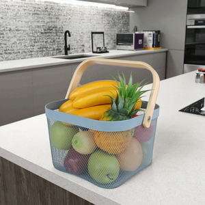 Bán buôn thực phẩm Trái Cây Rau lưới kim loại Giỏ dây Dã Ngoại giỏ với tay cầm bằng gỗ - Product Image 1