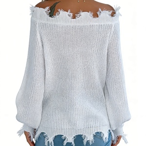 เสื้อสเวตเตอร์แฟชั่นสำหรับผู้หญิง แขนยาว คอวี แต่งลูกไม้ สีพื้น สำหรับฤดูใบไม้ร่วง/ฤดูหนาว - Product Image 4