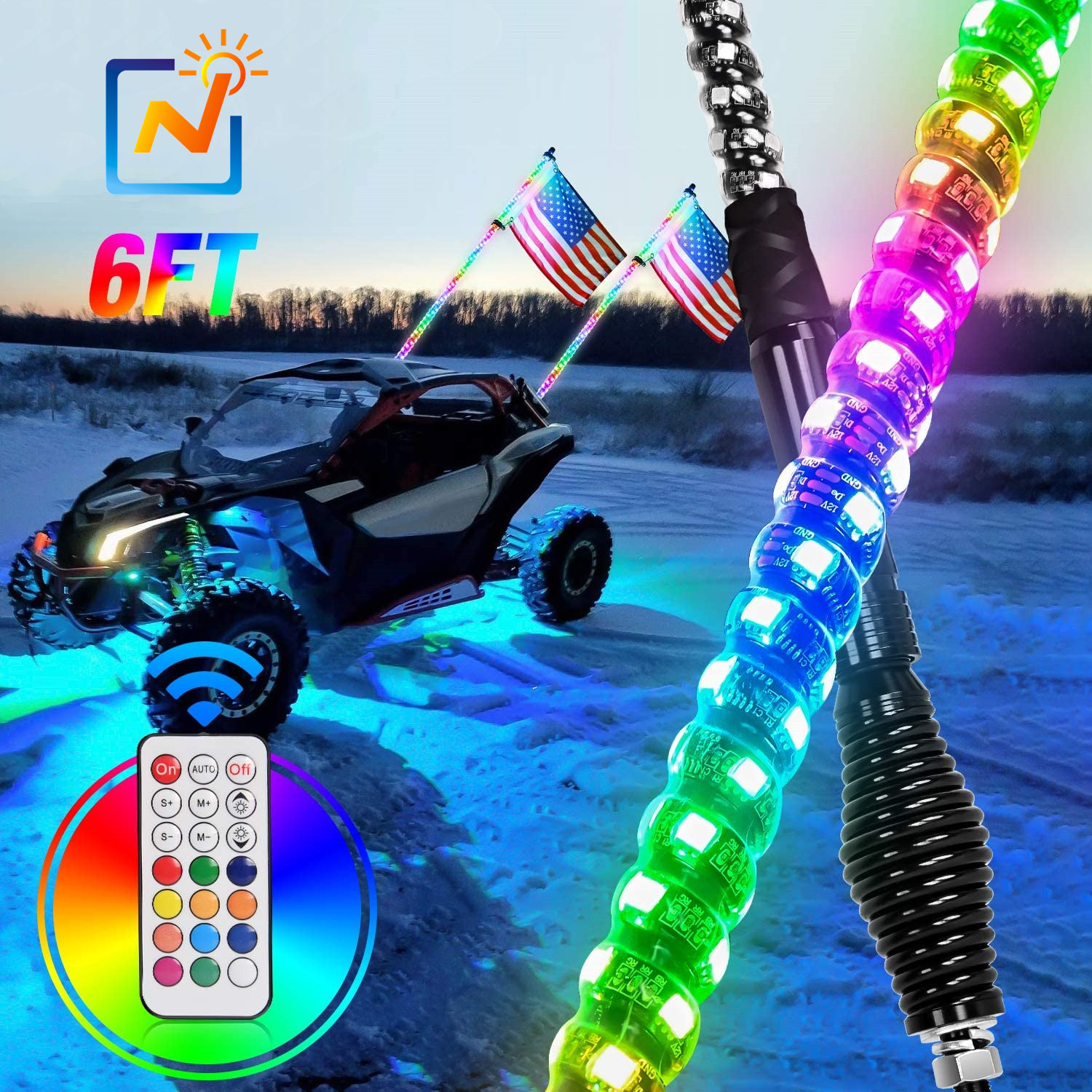 RGB 360 Degree 6FT Spiral Rock Swtich Control Antenna LED Whip Light for ATV UTV RZR Polaris Off- Road Vehicle