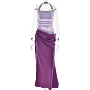 Robe longue en satin à col halter, taille naturelle, dos nu, sans manches, transparente, pour soirée - Product Image 5
