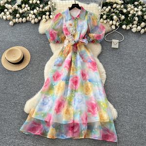 Nuovo Grazioso Abito Midi da Donna a Vita Aderente con Stampa Floreale e Allacciatura, <span class=keywords><strong>Abbigliamento</strong></span> all'Ingrosso - Product Image 2