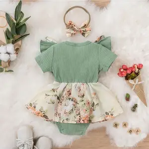 नवजात शिशु के कपड़े थोक ग्रीष्मकालीन गर्दन के रफ़ल आस्तीन बेबी लड़कियों के रोमांटिक सेट बेबी क्रॉल सूट रोमांस