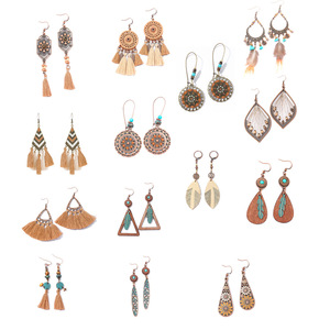 Boucles d'oreilles pendantes bohèmes géométriques en alliage avec pompons, ensemble de bijoux de fête pour femmes, plaqué bronze antique, boucles d'oreilles pendantes tendance - Product Image 5