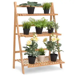 Modern 3-tier Foldable Bamboo Ladder Plant Rack Organizer Flower Display Shelf Rack Plant Shelves Stand for Home Garden