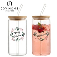 Ensemble de verres personnalisés en verre transparent de 16 oz, style bocal Mason, pour bière et boissons de Noël, avec couvercle en bambou et paille, design personnalisé, vente en gros