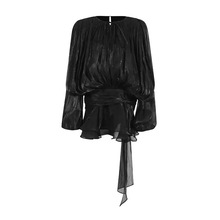 Français européen américain deux pièces court 2025 printemps été <span class=keywords><strong>Collection</strong></span> décontracté bulle manches jupe à volants nouveau devant uni teint - Product Image 4