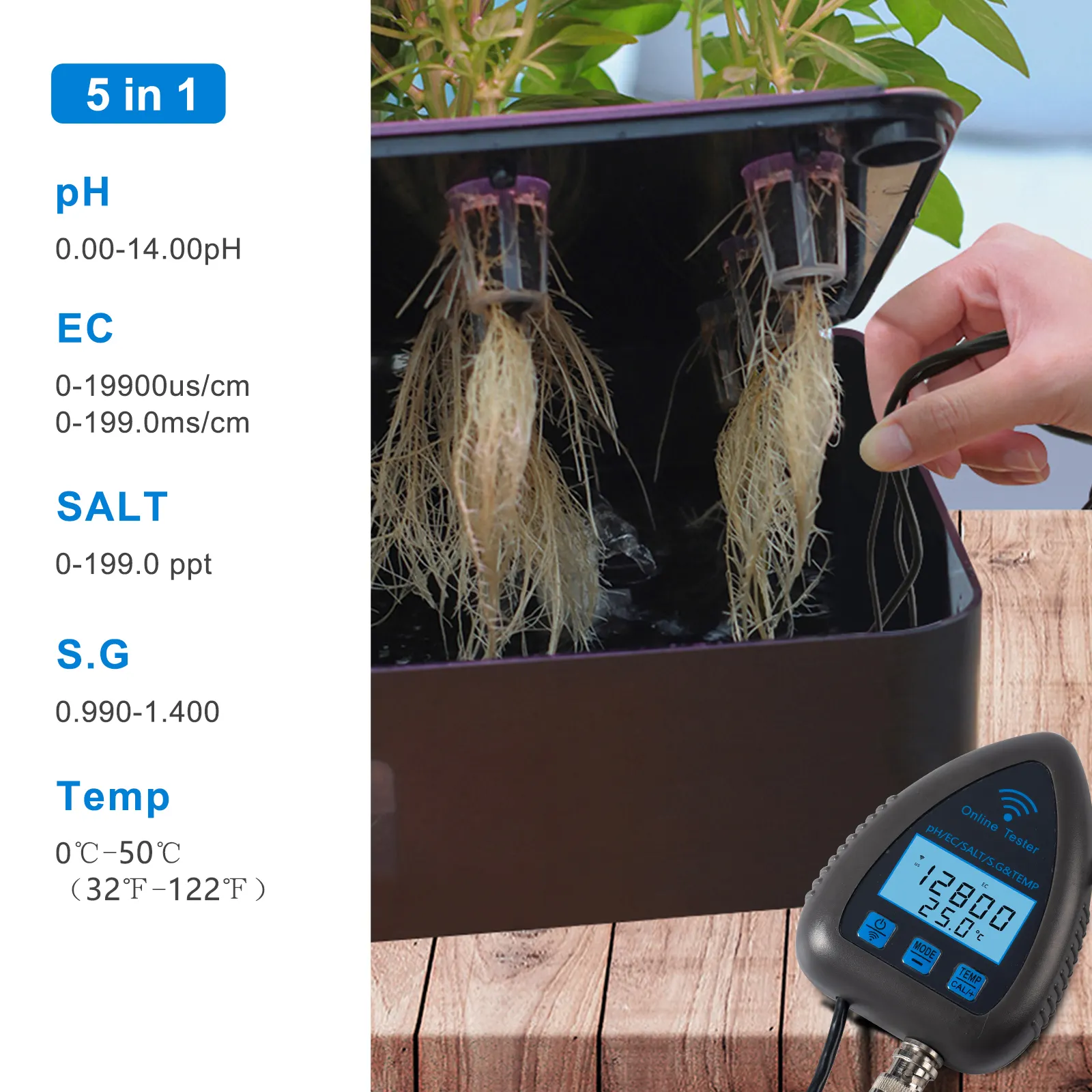 Nuevo WiFi Tuya Smart Online Monitor Alta precisión EC SALT GS Temp PH Meter 5 en 1 Probador de calidad del agua