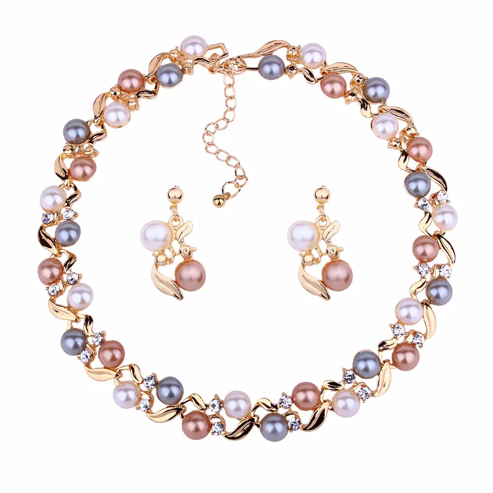 Mode Europe amérique ensembles de bijoux de luxe rond multicolore perle collier boucle d'oreille ensemble dame tempérament tout match ensemble de bijoux