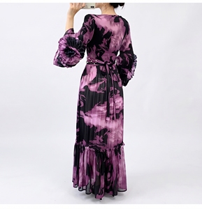 Nouvelle Robe Décontractée Femme 2026 Coupe Ample Ceinturée Imprimé Floral Manches Plissées à Volants Grande Taille Style Miyake - Product Image 3
