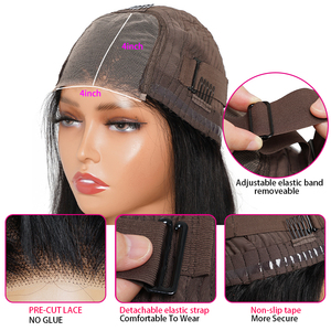 Perruque <span class=keywords><strong>sans</strong></span> <span class=keywords><strong>colle</strong></span> pré-épilée prête à porter, lisse, avec dentelle frontale, cheveux humains, <span class=keywords><strong>sans</strong></span> <span class=keywords><strong>colle</strong></span>, dentelle pré-coupée, perruque avec closure 4x4 - Product Image 4