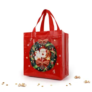 Custom Logo Printed Merry Christmas Grocery Tote Bag Recyclable PP/PC Non-Woven Shopping Bag with Handles for Packaging