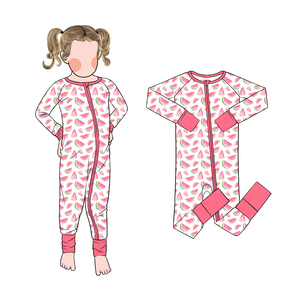 Vente en gros de haute qualité imprimé pastèque bambou filles Ykk fermeture éclair manches longues barboteuse pour enfants - Product Image 1
