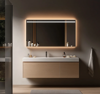 Meuble-lavabo CBMmart au design moderne imitation bois avec vasque en céramique, miroir intelligent et éclairage LED pour appartement
